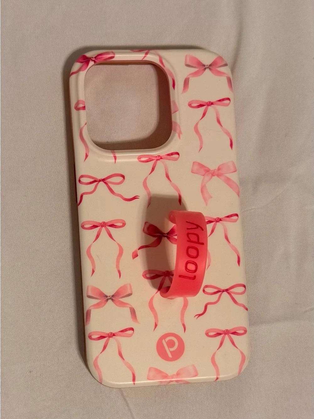 Loopy Case Pink Bow Pattern Phone Case with Hand Strap IPhone 15 Pro